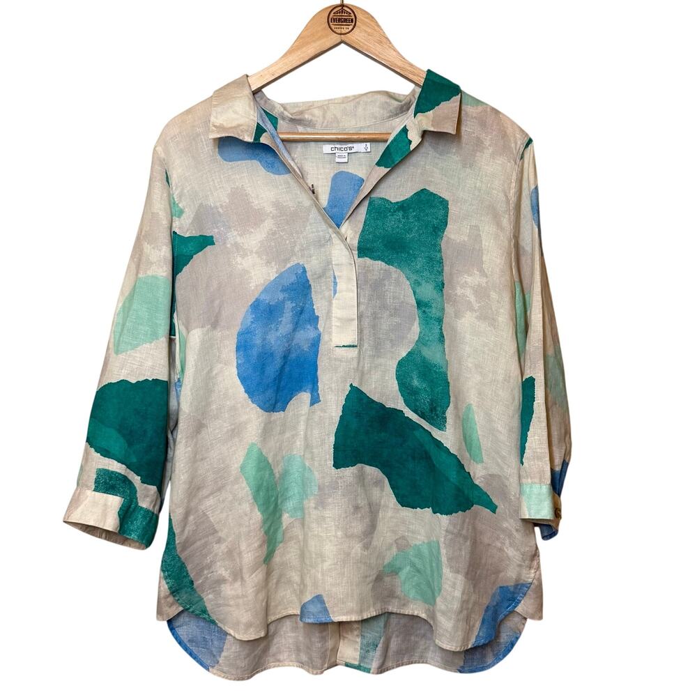 Chico's 100% Linen Blouse Watercolor 3/4 Sleeve Popover Cream Women's (2) US 12